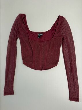 Windsor Mesh Corset Top Burgundy Long Sleeve Women XS Nylon Spandex